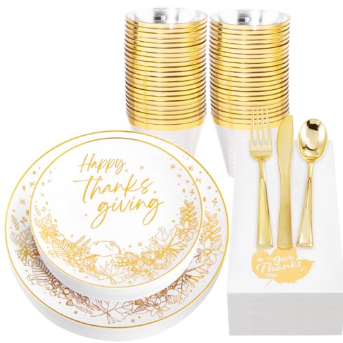 Hioasis 175pcs Thanksgiving Plastic Plates - Elegant Disposable Dinnerware Set Suitable for 25 Guests Include 10.25" Dinner & 7.5" Dessert Plates, Knives,Forks,Spoons, Cups,Napkins for Thanksgiving