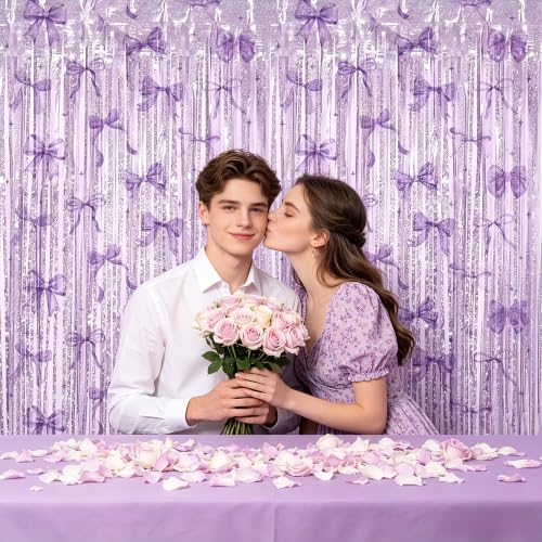 Image of TONIFUL 2Pcs Laser Purple Bow Metallic Tinsel Foil Fringe Curtain Streamers