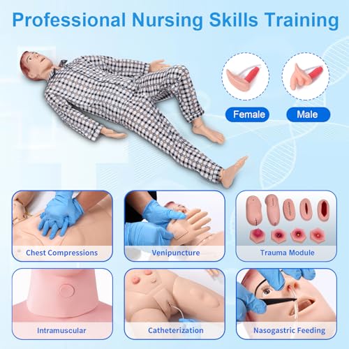Image of 5.74ft Patient Care Medical Manikin Nursing Mannequin for Training, Male-Female Multi-Functional Human Anatomy CPR with Wound Modules, Highly Simulated Caregiver for Improving Nursing Skills