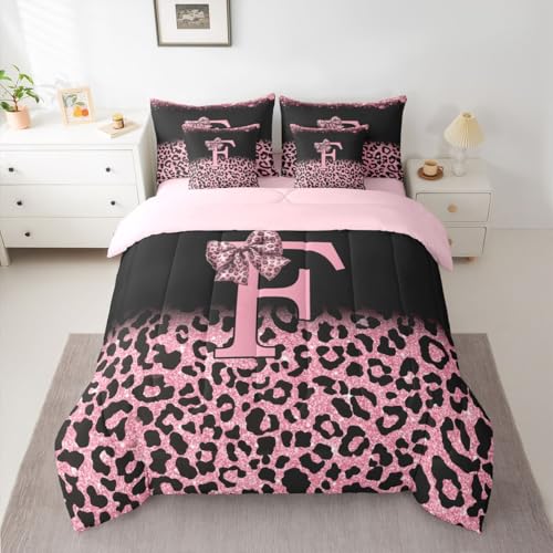 Image of Feelyou Girls Bow Comforter Set with Sheets 7 Piece Full Size Glitter Leopard Print Bed in a Bag Kids Boys Girls Initial Letter F Bedding Set Bedroom Decor Breathable Soft Lightweight Microfiber