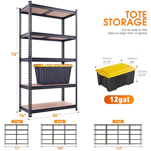 Image of REIBII 2400LBS Garage Shelving,36 inch Wx16 inch Dx72 inch H Shelves for Basement | Adjustable 5-Tier Shelving Unit,High-Density MDF Shelves,Heavy Duty Storage Shelves,Easy Assembly,For Pantry Workshop Storage