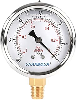 UHARBOUR Glycerin Filled Vacuum Pressure Gauge, 2-1/2" Clear dial,1/4"BSPT Bottom Connection, Stainless Steel Case, Brass Movement, Dual Scales -30inHg/-1BAR-0