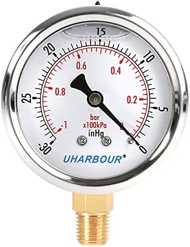 UHARBOUR Glycerin Filled Vacuum Pressure Gauge, 2-1/2" Clear dial,1/4"BSPT Bottom Connection, Stainless Steel Case, Brass Movement, Dual Scales -30inHg/-1BAR-0
