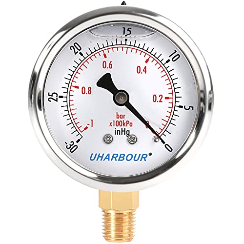 UHARBOUR Glicerina Llenado Medidor de Presión de Vacío, 5.17cm Esfera Transparente,1/4"BSPT Conexión Inferior, Caja de Acero Inoxidable, Movimiento de Latón, Escalas Doble -30inHg/-1BAR-0 Cover