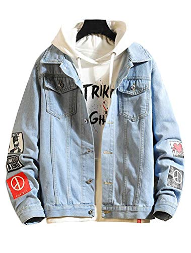 Banana Bucket Men's Printed Denim Distressed Jacket Casual Button Down Trucker Jacket Jean Coat (1-LightBlue,US XL/Asian Tag 5XL)