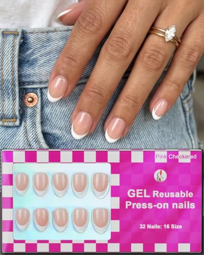 Anyos 16 Sizes French Tip Extra Short Almond Press On Nails,Petite Oval Shaped Natural Nails Glossy...
