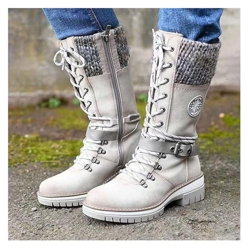 Women's Round Toe Low Heel Non-slip Lace up Mid Calf Motorcycle Side Zipper Combat Cowboy Riding Boots3