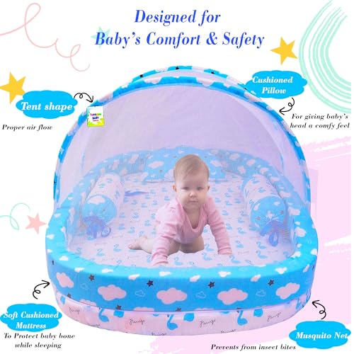 Image of Toddylon Baby Bed Bedding Set for New Born Baby | Bed Mattress | Mosquito Net | Neck Pillow | Sleeping Nest | Cotton | Travel Bed | Essentials | Toddlers | Infants | Baby Boy Girl (0-12 Months) Blue
