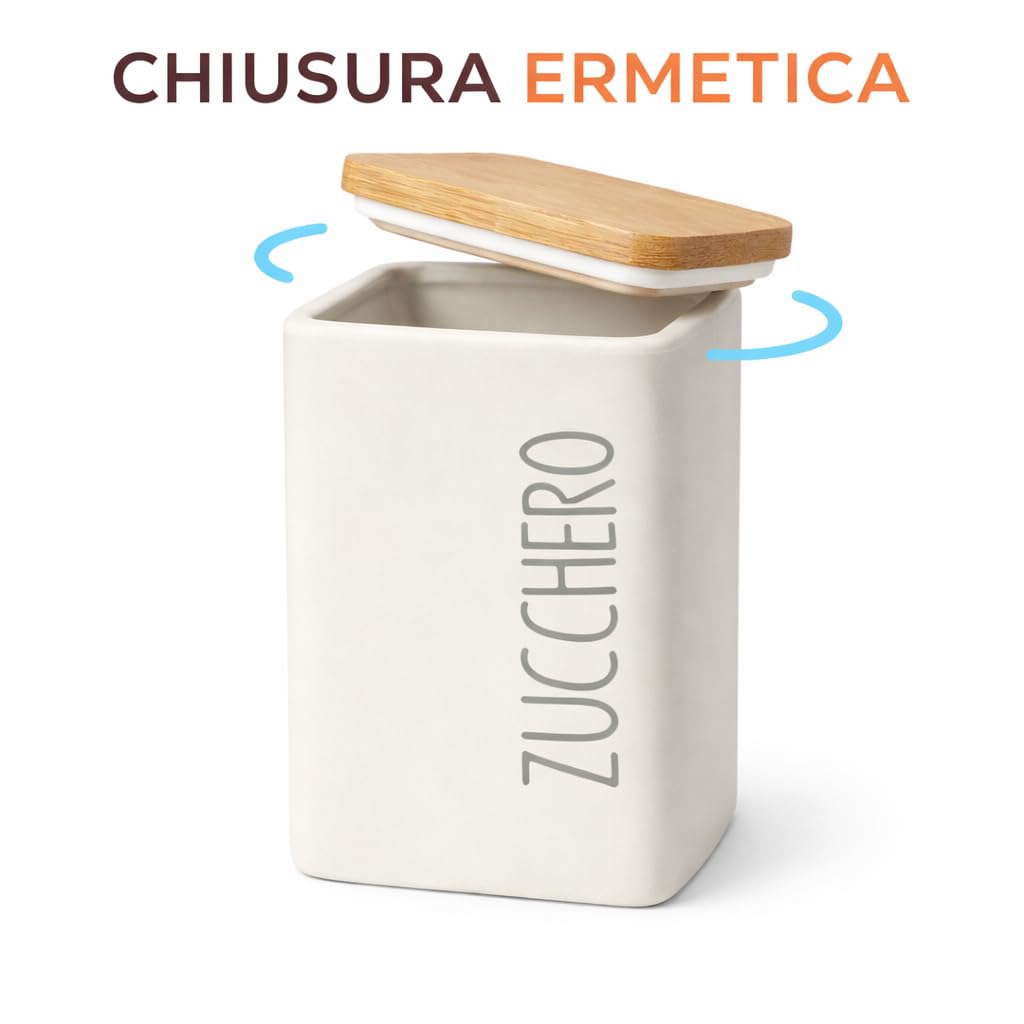Set 3 Barattoli Cucina in Ceramica con Coperchio Bambù 9x12 cm – Contenitori Sale Zucchero Caffè – Porta Alimenti Dispensa Design Moderno – 4 Colori (PANNA) - 4
