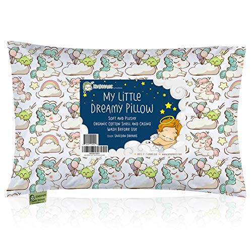 Toddler Pillow with Pillowcase - 13X18 Soft Organic Cotton Baby Pillows for Sleeping - Machine Washable - Toddlers, Kids, Infant - Perfect for Travel, Toddler Cot, Bed Set (Unicorn Dreams)