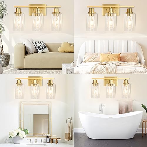 Image of Gold Bathroom Wall Lights Brushed Brass 3-Light Vanity Light Fixtures Modern Wall Sconces with Clear Glass Shade, Bathroom Wall Lamp for Mirror Kitchen Bedroom Hallway Cabinet Porch
