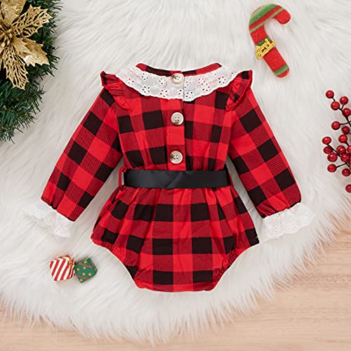 Pasgeboren Baby Meisjes Rompers Kerst Clothings Rood Geruite Gedrukt Knop Decro Jumpsuits en Zwarte Tailleband Peuter Outfits, Rood, 6-9 Maanden - Afbeelding 4