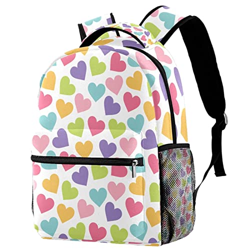 Mochila al aire libre con estampado alegre de corazones y compartimento escolar resistente