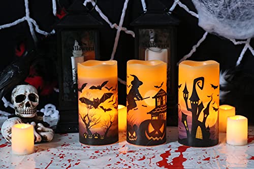 Image of Flameless Candles Battery Operated with 6 Hour Timer, Halloween Decals Real Wax LED Flickering Pillar Candles Set of 3 Indoor Halloween Window Table Decor(3 x 6 Inches)