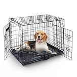FurDreams 36" Folding Dog Crate for Large Dogs - Heavy-Duty Black Metal Cage with Front & Side Doors, Chew-Resistant Plastic Tray & Carry Handle, Quick Setup (92 × 57 × 63 cm)