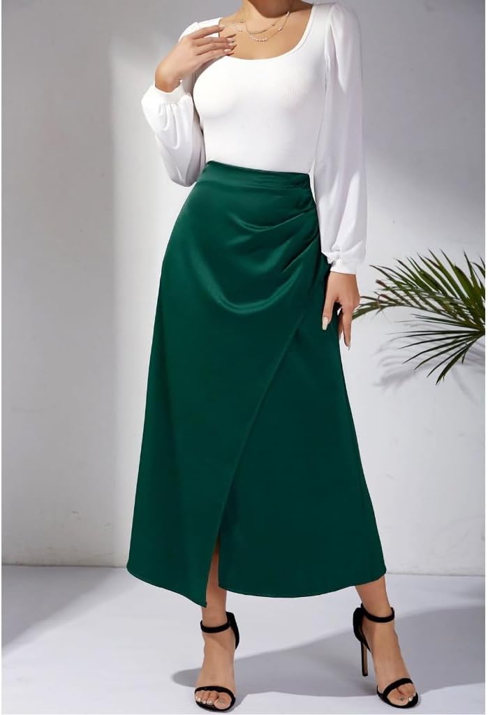 Lily Brown Women's Satins Maxi Skirt High Waist Side Slit Wrap Pencil Long Skirts Casual Slim Ruched Bodycon Skirt with Zip Back Dark Green