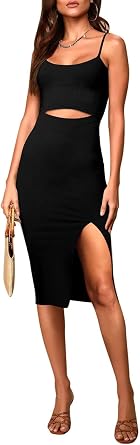 Pink Queen Womens Spaghetti Strap Cutout Side Slit Ribbed Knee Length Bodycon Midi Dress Club Party Dresses for Women