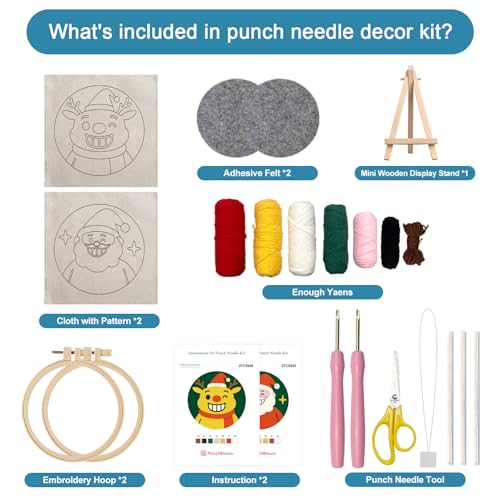 Image of Christmas Punch Needle Kit for Adult Beginner, 2-Pack Santa & Reindeer Easy Punch Embroidery Starter Set with Instruction, Fun DIY Needle Point Craft for Home Decor & Holiday Gift Idea