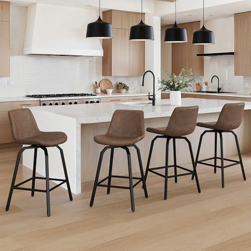 LUE BONA 360° Swivel Bar Stools Set of 4, 26 Inch Counter Height Bar Stools, Modern Faux Leather with Enlarged Seats, Metal Legs for Kitchen Island, Dining, Vintage Brown