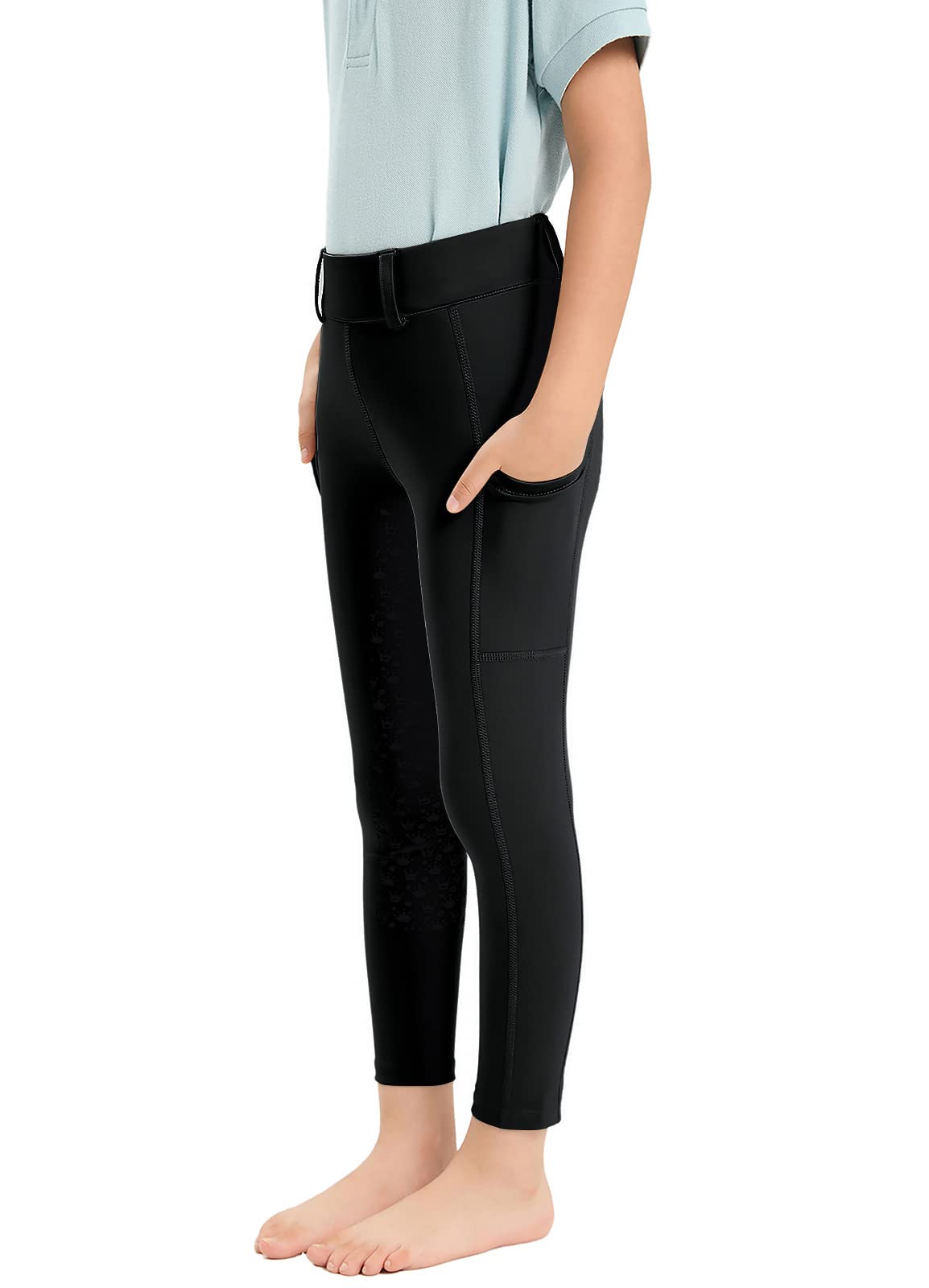Leggings de equitación para niña con ribete completo de silicona, elásticos, para niños y niñas, con trabillas para cinturón, bolsillo lateral
