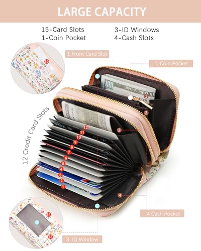 Image of Pink Floral Credit Card Holder for Women,Accordion Wallet | RFID Blocking Card Wallet, Vegan Leather with Wristlet, dual independent zipper compartments,17 Card Slots
