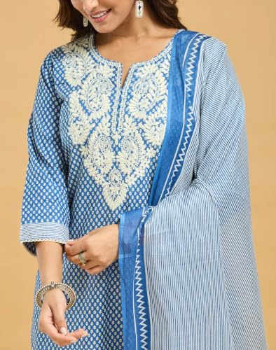Image of Fabnu by Fabindia Women's Cotton Embroidered Kurta Pant Dupatta Set