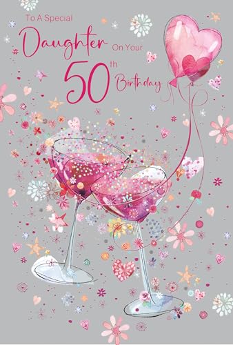 Cherry Orchard | Daughter 50th Birthday Card | 50th Birthday card for Daughter | Gorgeous Pink cocktail glasses, flowers and hearts | Gold Foil Embellishments