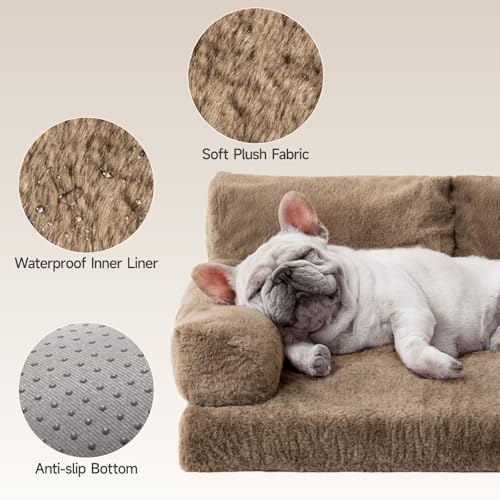 MEWOOFUN Orthopädisches Hundesofa, mittelgroß, wasserdicht, Anti-Angst-Plüschbezug für Welpen, 90 x 65 x 30 cm (Braun, L)