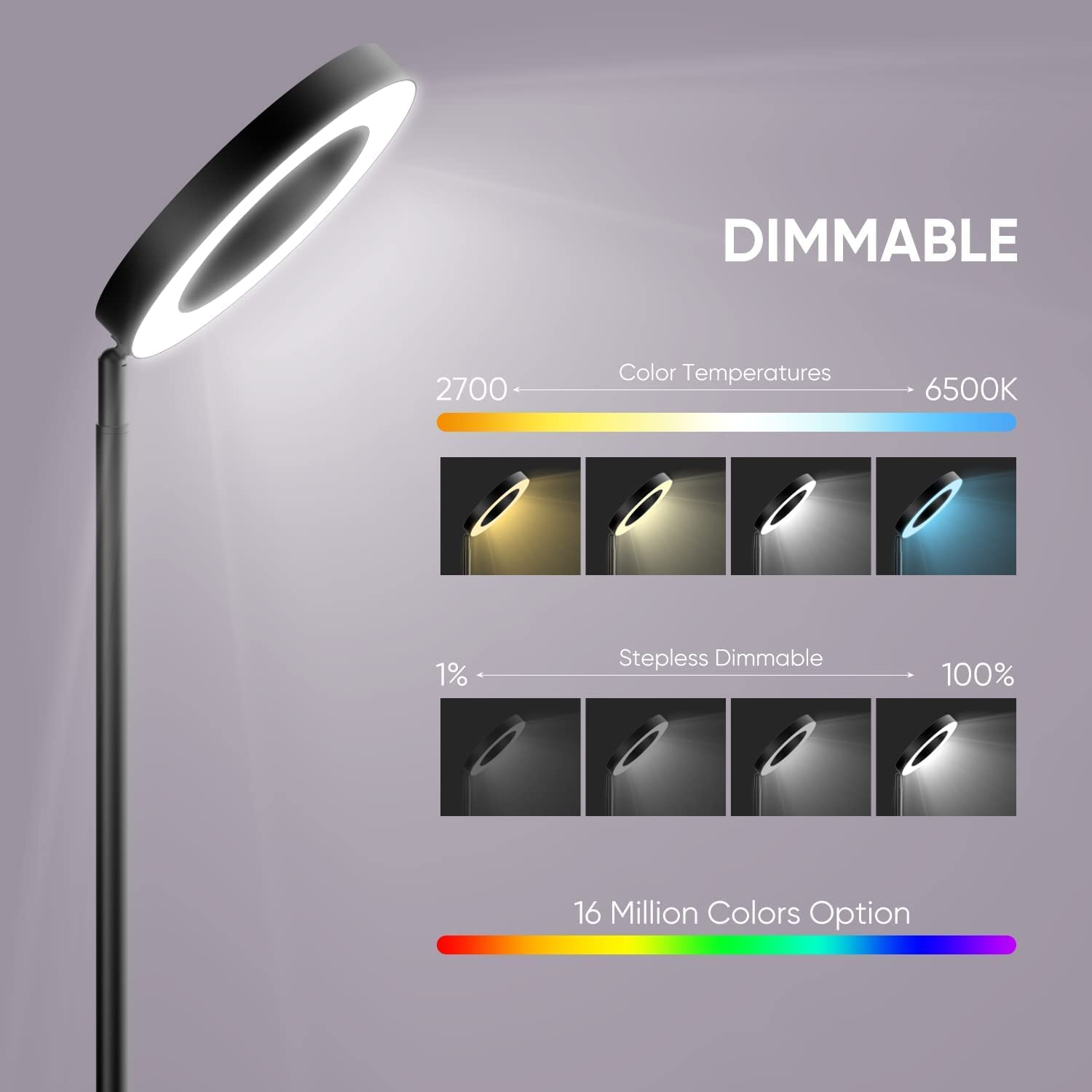 Pie de salón SMART, WI-FI + sensor táctil + APP control, dimable 3000K- 6000K + RGB 42W NEGRO, orientable y giratorio. Luz directa e indirecta. Inteligente, Alexa, Google.