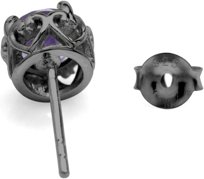 Silvershake 6MM Round Shape Birthstone Gemstones Black Rhodium Plated or Yellow Gold Plated 925 Sterling Silver Heart Victorian Style Stud/Post Earrings Jewelry for Women Business Attire