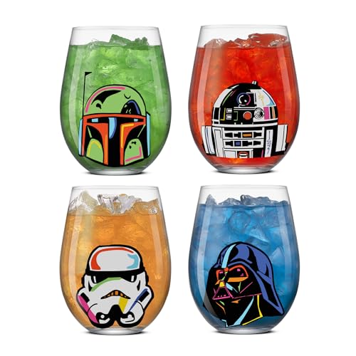 Image of JoyJolt Star Wars Cosmic Color Stemless Drinking Glasses, 19oz Glass Cups ft Darth Vader, Stormtrooper, Boba Fett, R2-D2 - Star Wars Kitchen Glasses Set of 4, Gifts for Men, Women & Adults