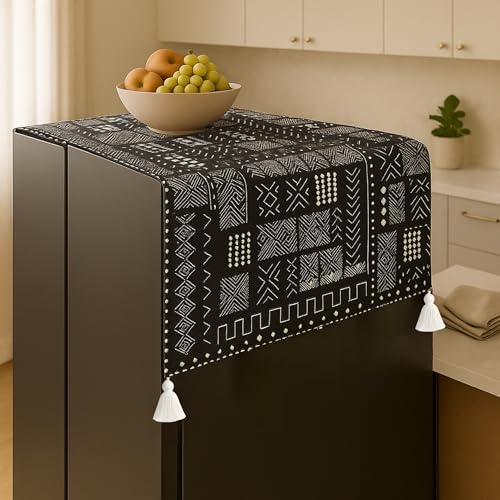 Image of WWW.THROWPILLOW.IN Fridge Top Cover for Side by Side Door >400L | Dustproof Refrigerator Cover Mat | Fits Godrej LG Haier Samsung Models | Mud Cloth Print | Side by Side Fridge Cover Top