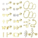 FIBO STEEL Cartilage Earrings Stud Flat Back Earrings Surgical Steel Stud Hoop Earrings Cartilage Helix Tragus Piercing Jewelry Gold