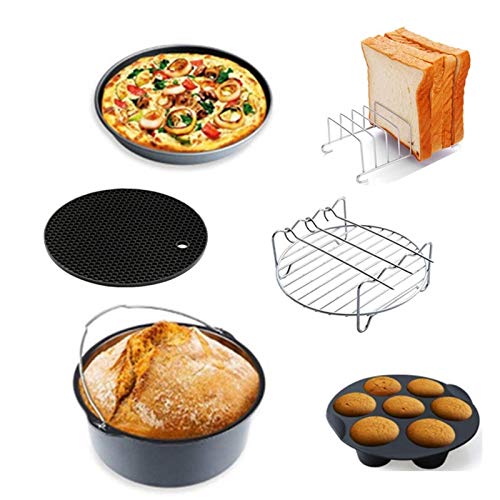 FWKTG 6/7/8 Zoll Luftfritteuse Zubehör Set Friteuse Airfryer Accessoires 6 Stücke Passend für 3.5L - 5.6L luftfrittierer, Heißluftfritteuse Zubehor Backform, Pizza Pan, Silikonmatte, Grillrost Cover