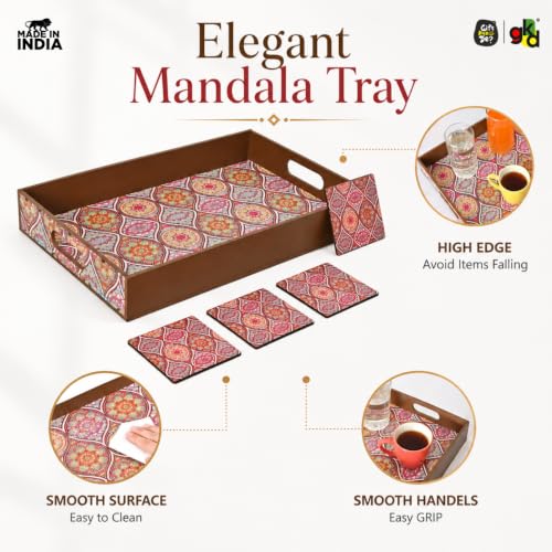 Image of GKD Wooden Serving Tray with Free 4 Coasters - 11x15 Inch Large Tea & Coffee Tray, Snack Tray Decorative MDF Trays for Home & Kitchen - Food Trays with Handles for Dining & Bar (Elegant Mandala)
