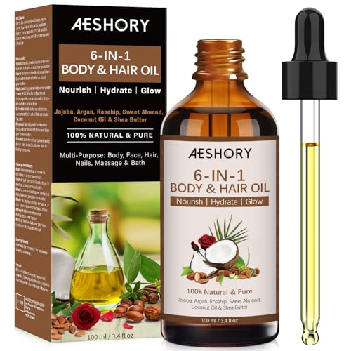 AESHORY Aceite Corporal Hidratante 6-en-1 100ML, con Aceite de Coco/Jojoba/Argán/Rosa Mosqueta/Almendra Dulce/Manteca de Karité, Hidrata la Piel y el Cabello Secos, Aclara las Marcas de Acné