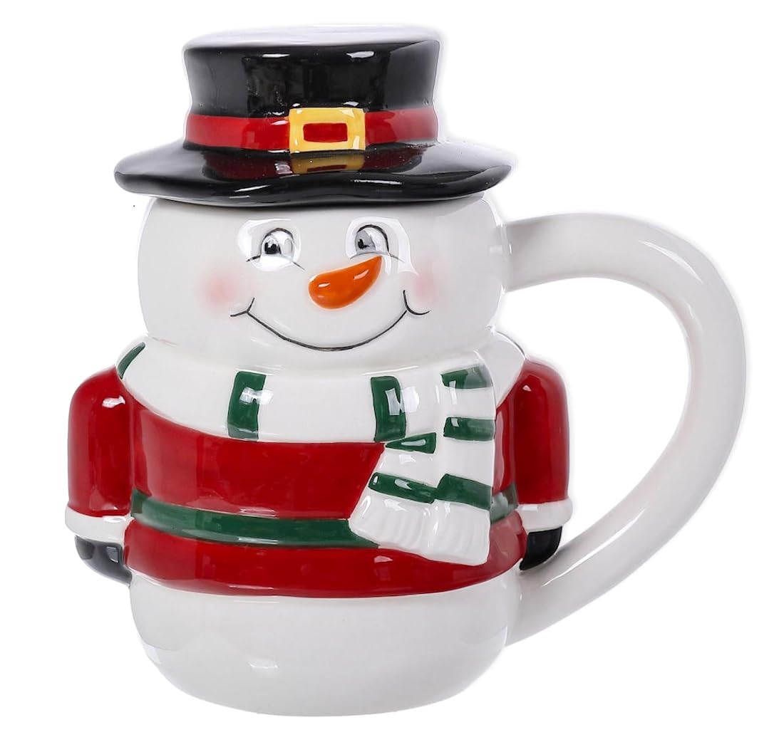 The Bridge Collection 6" Snowman Christmas Coffee Mug with Top Hat Lid - 2 Piece Set - Winter Festive Coffee Cup - Ceramic Christmas Mug