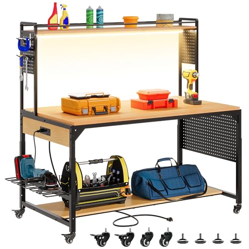 DWVO Adjustable Height Workbench with Pegboard and Wheels