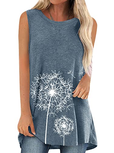 Dresswel Damen Tunika Top Ärmellos Oberteile Tops Löwenzahn Druck Lang Pullover Lose Bluse T Shirt Cover