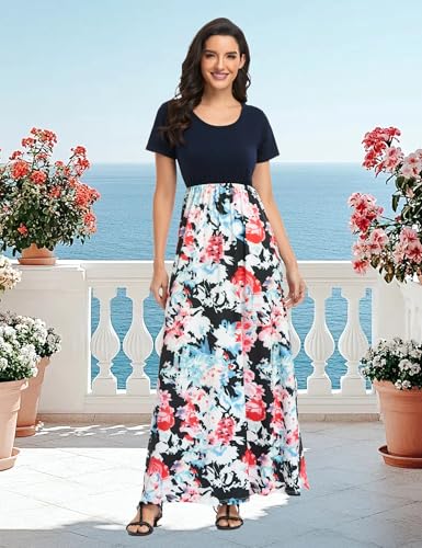 Image of Lacavocor Womens Short Sleeve Maxi Dresses Empire Waist Long Dress