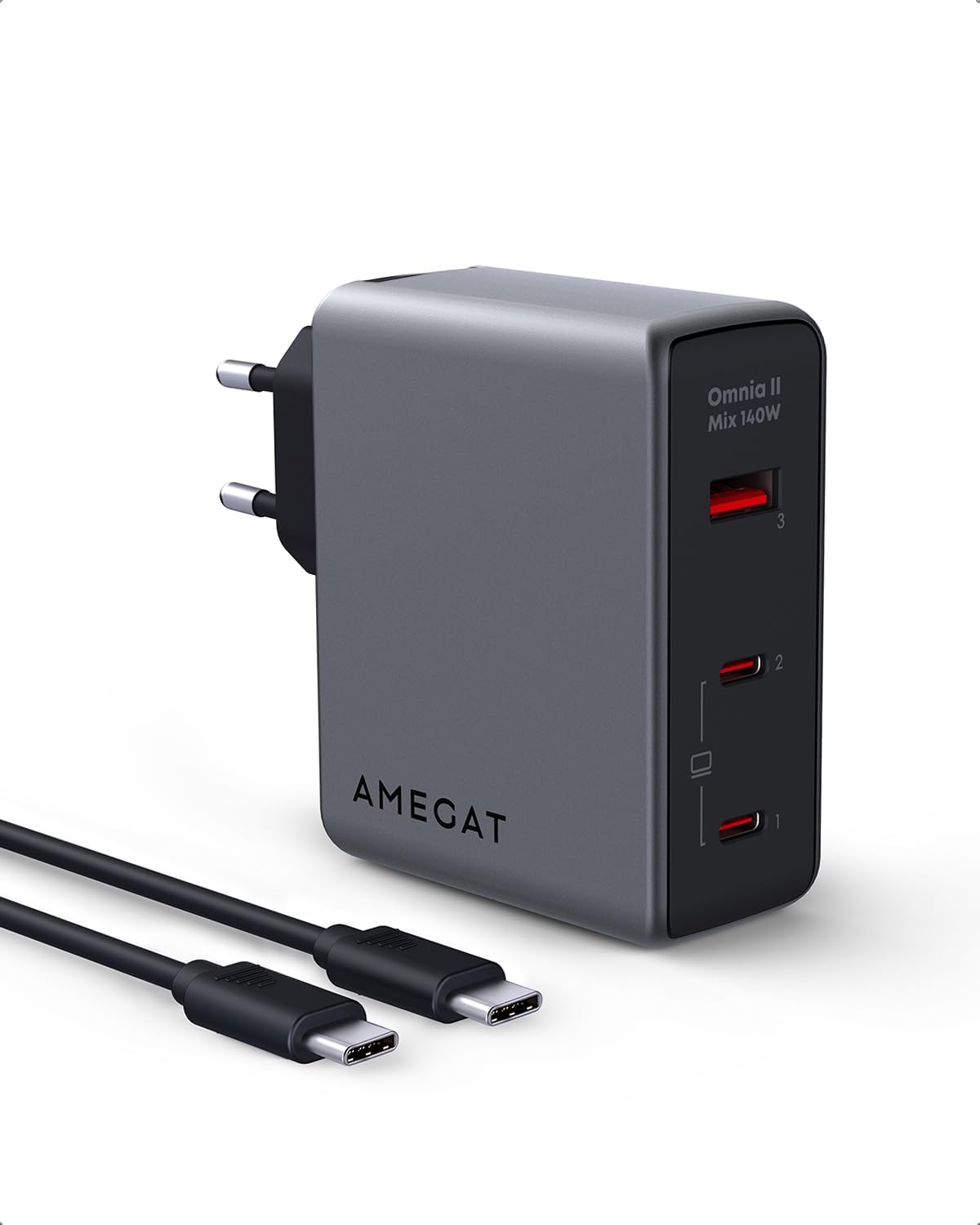 AMEGAT Omnia II 140W 3-Port GaN USB C Charger with included USB-C to USB-C cable