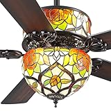 BYKISTOK Tiffany Ceiling Fans with Lights - 52' Black Ceiling Fan Chandelier with 5 Dual-Blades and Glass Shade, 6 Speeds and Reversible, Indoor and Outdoor Antique Fan Light Fixture, Retro Style