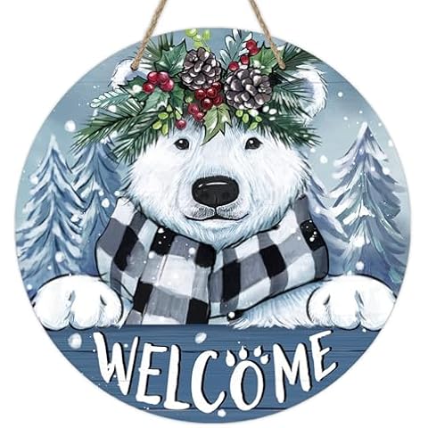 Deroro Welcome Winter Polar Bear Front Door Sign, White Bear Pine Tree Snowy Wood Door Hanger Outdoor Outside Porch Decor, Christmas Farmhouse Seasonal Wooden Wreath Indoor Wall Hanging Decoration Cover