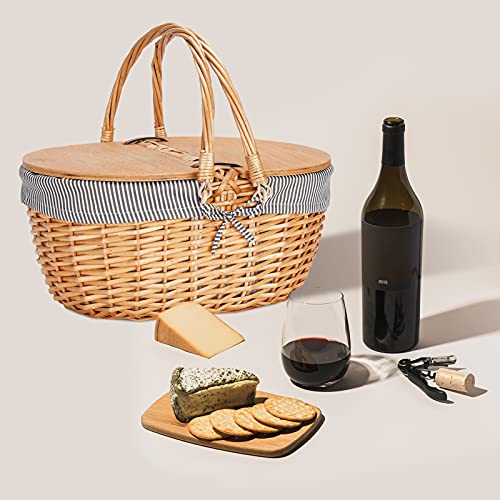 Wicker Picnic Basket With Liner, Wooden Split Lid Picnic Basket, Vintage-Style Picnic Hamper With Folding Woven Handle For Picnic, Camping, Outdoor, Valentine Day, Thanks Giving, Birthday (Grey) #TOP2
