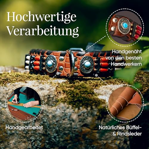 MICHUR Carlota Halsband Indianer, Hundehalsband Leder Braun, Lederhalsband Hund, Halsband, MIT TÜRKISEN Steinen, in verschiedenen Größen erhältlich