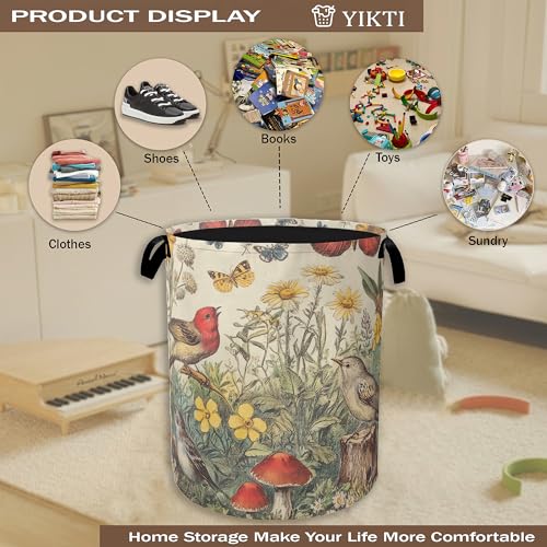 Image of Collapsible Laundry Basket,Vintage Flower Bird Dirty Clothes Hamper,Rustic Butterfly Mushroom Hampers for Bedroom Waterproof Oxford Cloth Storage Organizer for Bathroom,Nursery,Dorm,16x20 Inch