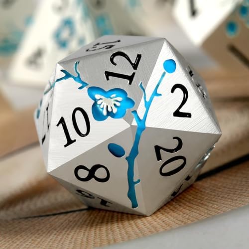 Silver Metal DND Dice Set, 7PCS D&D Metal Dice with Metal Case for Dungeons and Dragons, Shadowrun, Pathfinder, Savage World and Table Games (Glow in The Dark Blue) - 4