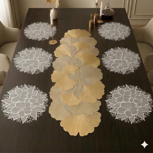 Image of Dakshya Industries Dining Table Mats Round PVC Set | 6 Waterproof Placemats (38 x 38 cm) + 1 Table Runner (91 x 33 cm) | Heat Resistant, Kitchen Decor (Solique)