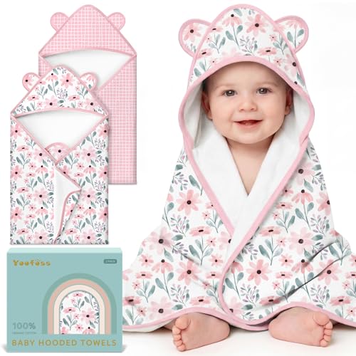 Image of Yoofoss Hooded Baby Towels for Newborn 100% Organic Cotton Baby Bath Towel with Hood for Babies, Infant, Toddler and Kids, 32x32Inch, Soft and Absorbent Newborn Essential