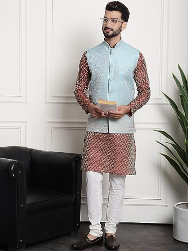 Image of SOJANYA (Since 1958 Men's Jacquard Silk Kurta and Pyjama with Nehru Jacket